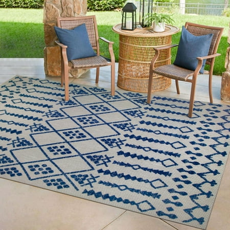 Leick Home Cusp Rectangle Gray with Blue Indoor/Outdoor Area Rugs, 4' x 6'