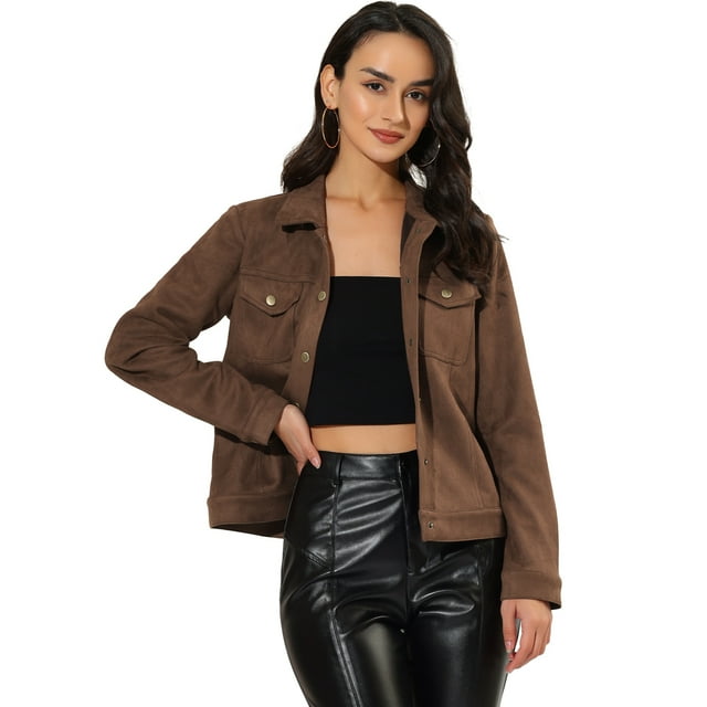 INSPIRE CHIC Women's Jackets Long Sleeve Faux Suede Trucker Motorcycle Jacket Coffee XS