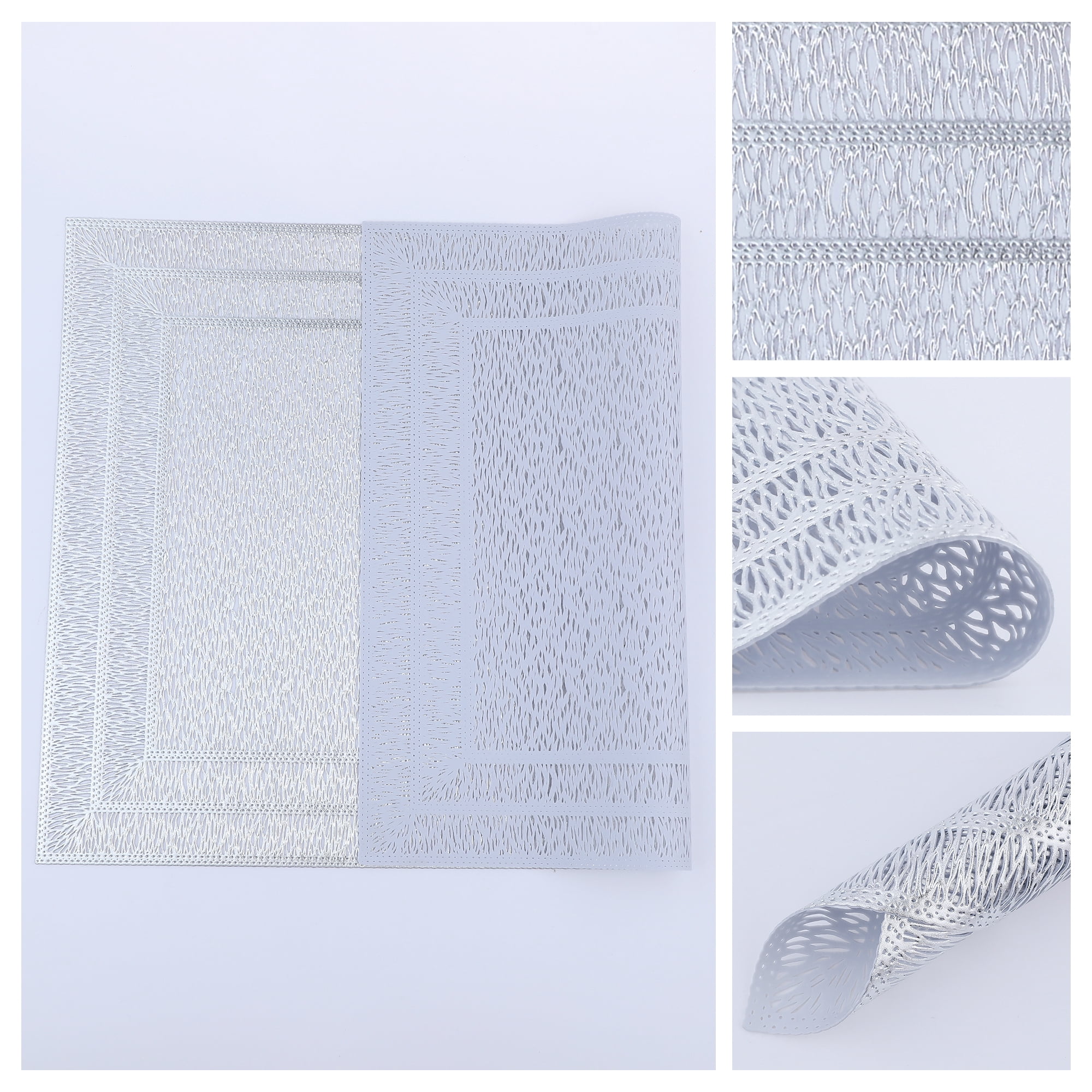 Unique Bargains Washable Placemats Set of 6 Trimmed Placemats for Dining Table Silver