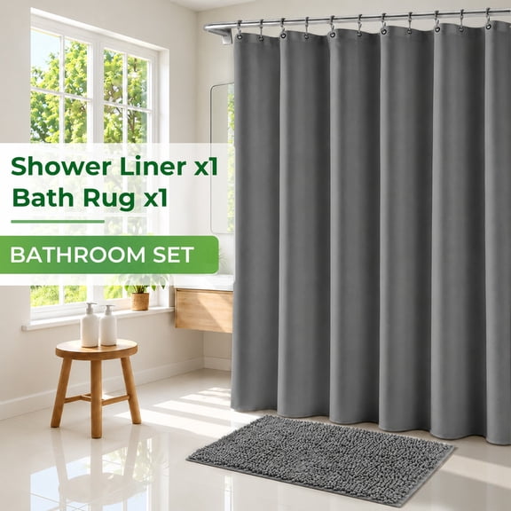 Yiannan 2 Pcs Bathroom Set - 72" x 72" Shower Liner with Magnets & Non-Slip Water Absorbent Bathroom Mats Set Accessories,Gray
