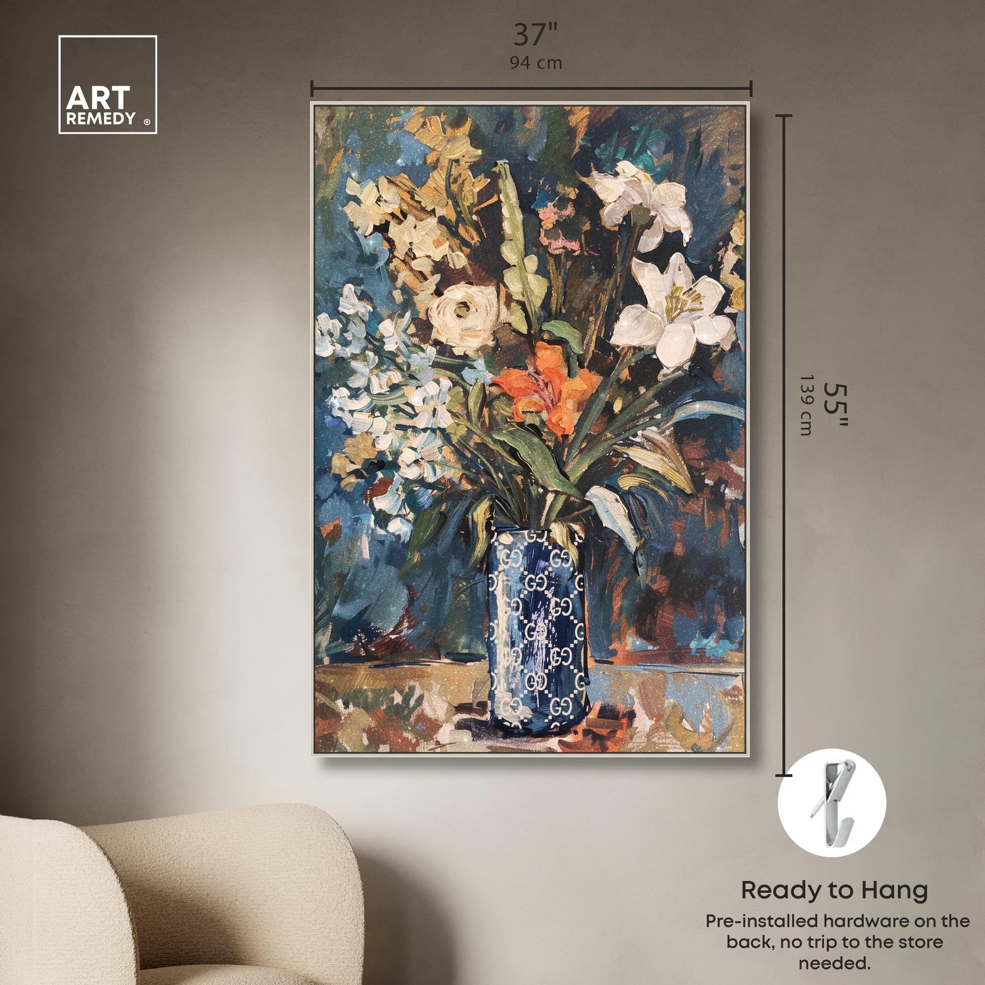 Blue Floral Vase Canvas Floral Vase Wall Art by Art Remedy, Silver Frame, 36" x 54"