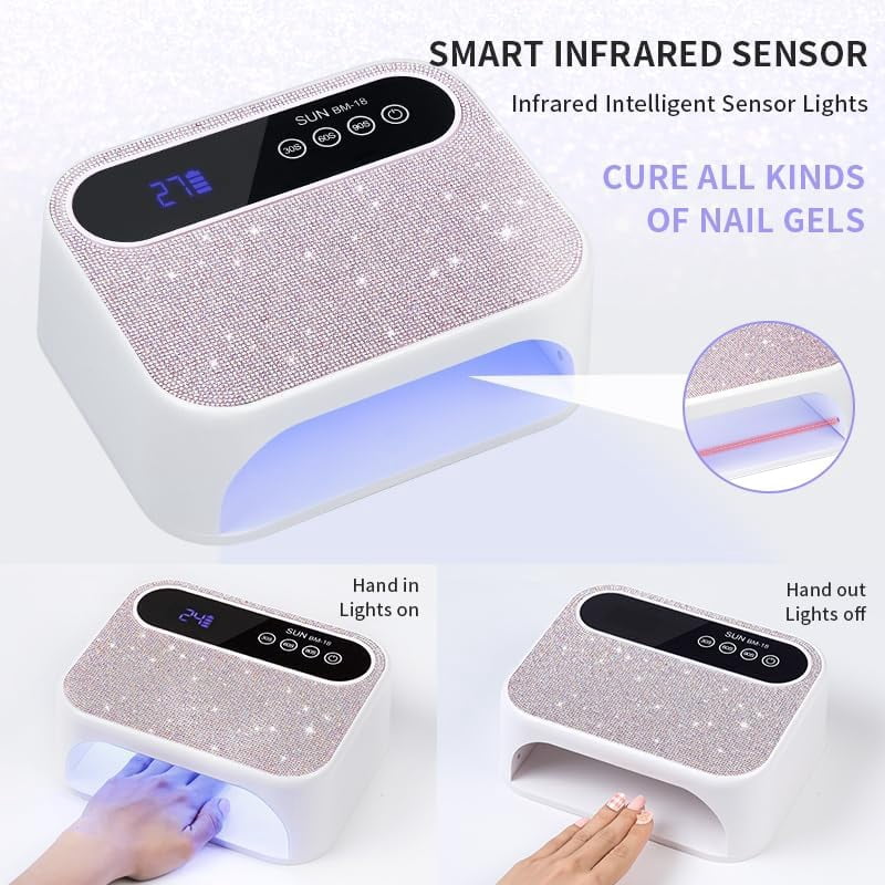 Cordless UV Nail Lamp, 168W Rechargeable UV Gel Nail Light, Sparkling Rhinestones Diamond UV Light, Professional Fast Curing Nail Dryer with 4 Timers Touch Control Auto Sensor for Salon & Home