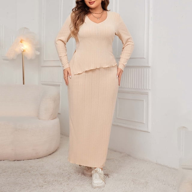 Gspmoly Robe d'Été, Robe Formelle pour Femmes à Manches Longues à Col en V, Mode, Couleur Unie, Ourlet Irrégulier, Jupe Moulante, Ensemble, Offres Prime