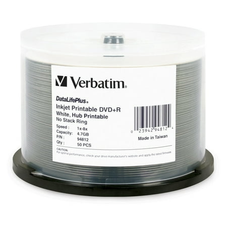 Verbatim DataLifePlus 4.7GB 8X DVD+R White Inkjet Printable, Hub Printable 50 Packs Cake Box Disc