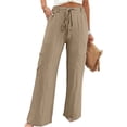 thumbnail image 2 of Nhthy Women's Solid Summer Drawstring Waist Cargo Pants Wide Leg Casual Loose Fit Trousers Khaki M, 2 of 6