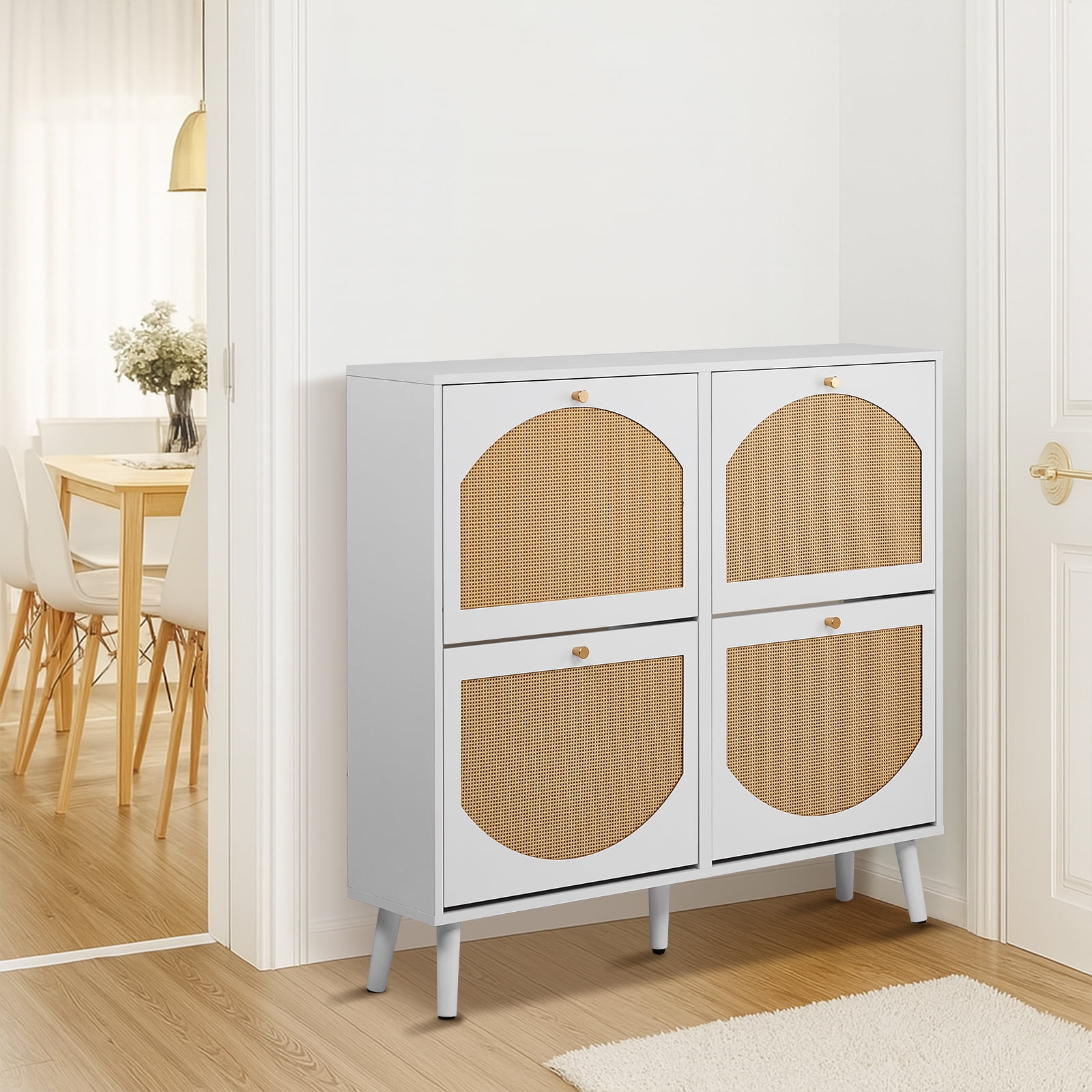 2-Tier Flip-Top Shoe Cabinet Arched Rattan Fronts 4 Compartments White Particle Board Tall Legs Entryway Shoe Organizer for Hallway Porch Bedroom Farmhouse