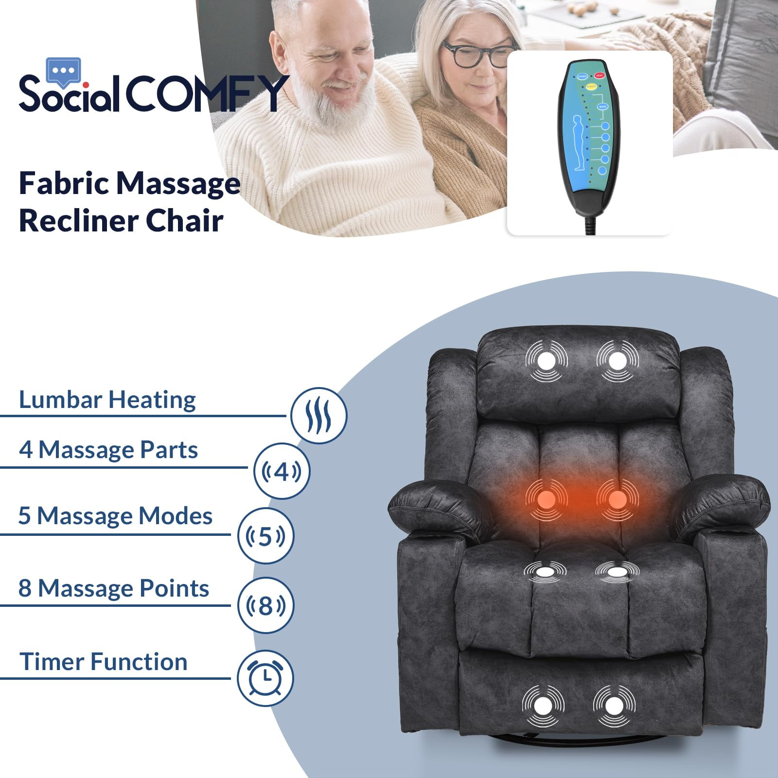 Manual Swivel Glider Rocker Recliner Chair with Heated Massage, 360° Swivel Overstuffed Lounge Chair with 2 Cup Holders, Side Pockets & USB Ports for Living Room, Fabric Gray