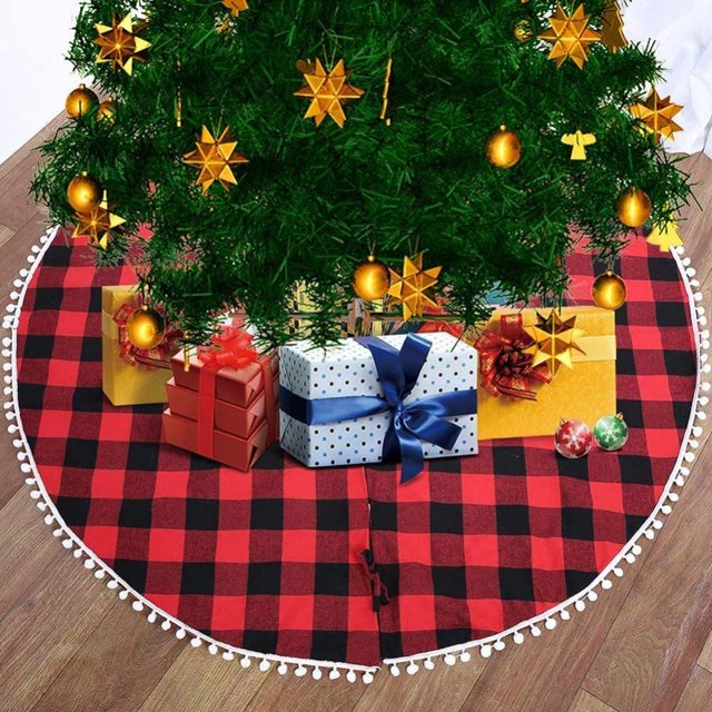 48 Inch Christmas Tree Skirt Red and Black Buffalo Plaid Tree Skirt