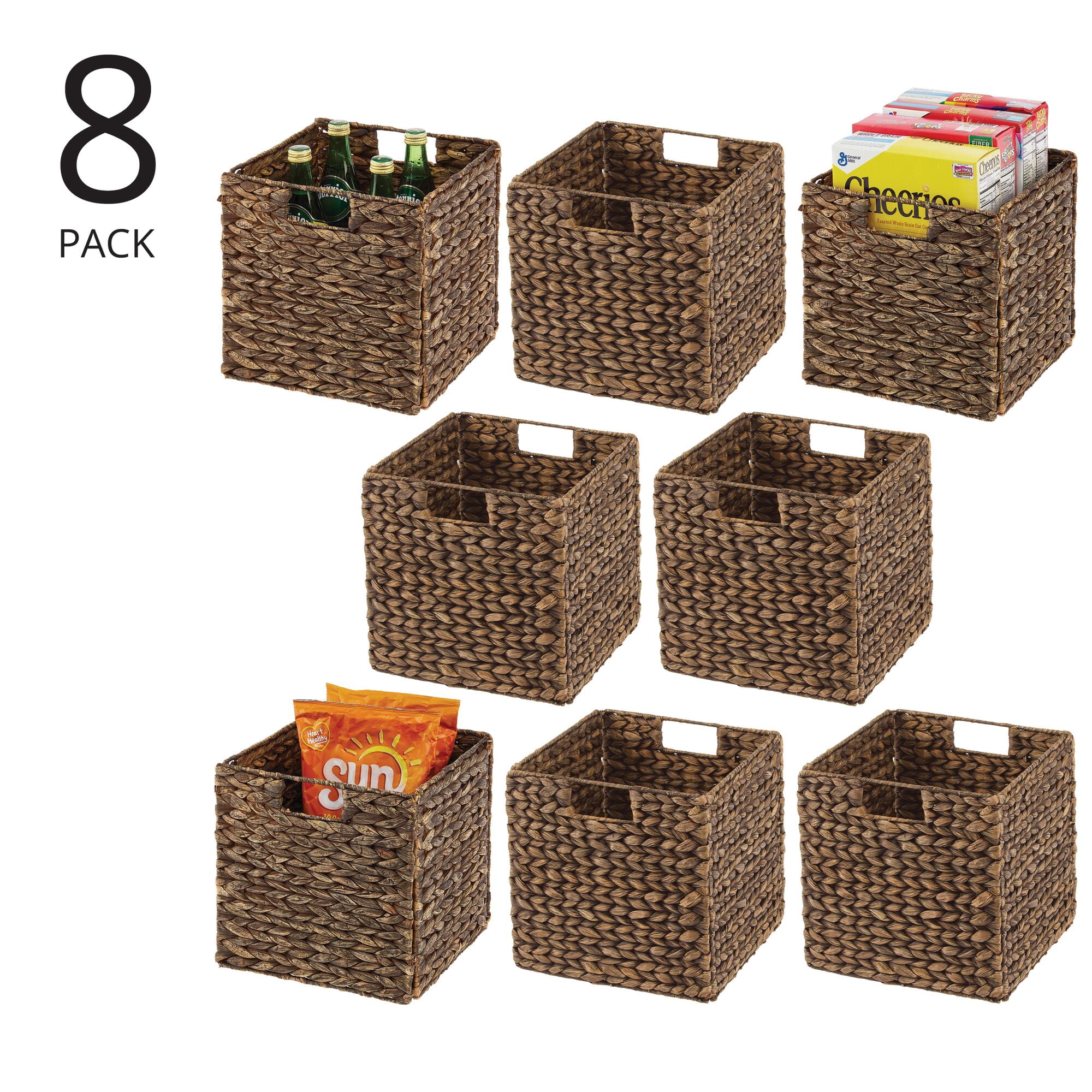 mDesign Woven Hyacinth Kitchen Storage Organizer Basket Bin, 8 Pack, Brown Wash