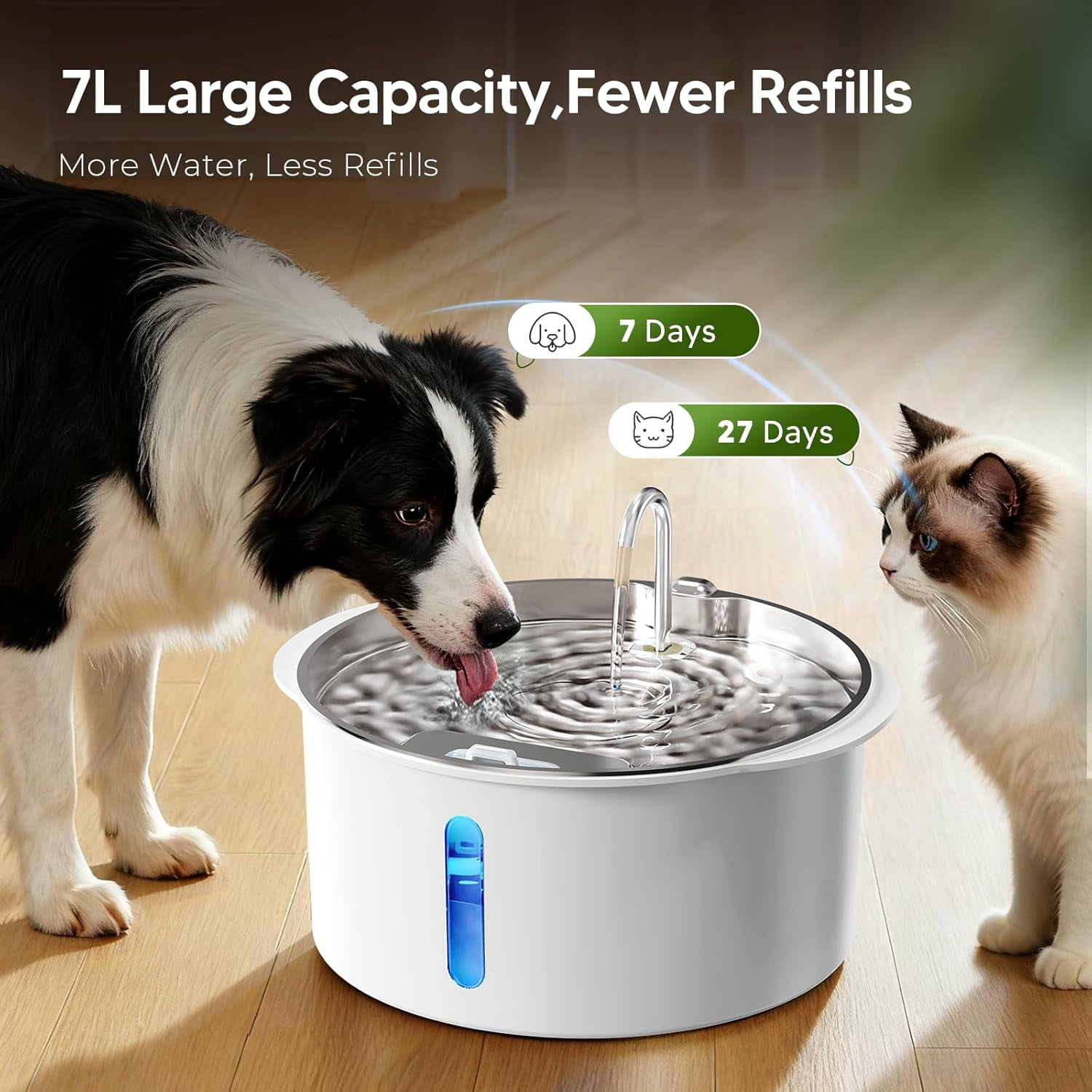 Large 1.8Gal/7L Pet Water Fountain with Viewing Window, LED Light, Super Quiet Pump, Stainless Steel Tray & 3 BPA-Free Filters