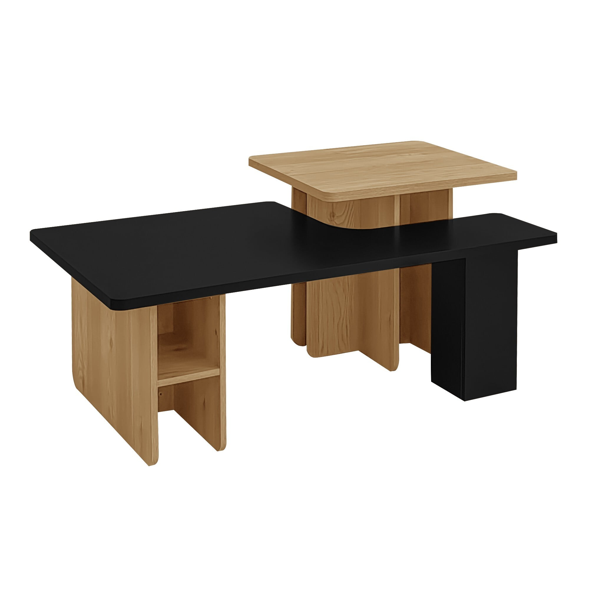 AENKYO Modern Nesting Coffee Table Set, 2-Piece Wood Grain End Tables with Open Shelves for Living Room, Black