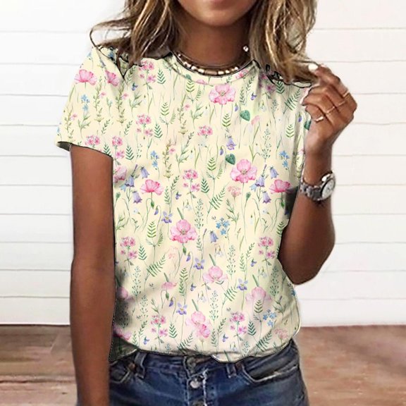 Women's Boho Flowers T Shirts Graphic Tees Summer Tops Wildflower Floral Shirt Short Sleeve Casual Loose Fit Shirt