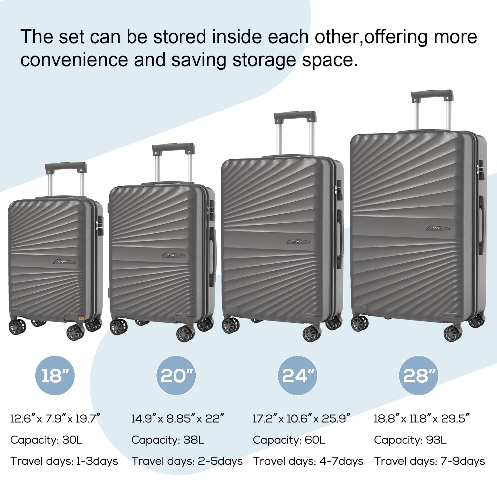Joyway 6 Piece Hardshell Luggage Set with Spinner Wheels TSA Lock and Scratch-Resistant Finish Durable Lightweight Suitcases(Tote bags in mixed styles)