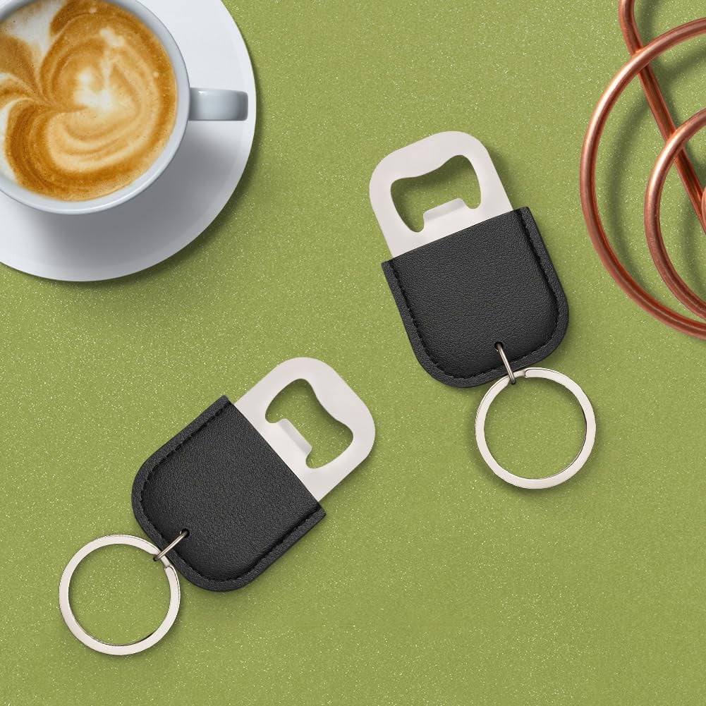 MKEUDQ-5PCS Black PU Leather Bottle Opener Keychains Small Stainless Steel Beer Opener with Key Ring Blank Leather Soda Bottle Lid Removers Key Chain for Wedding Guests Bridal Shower