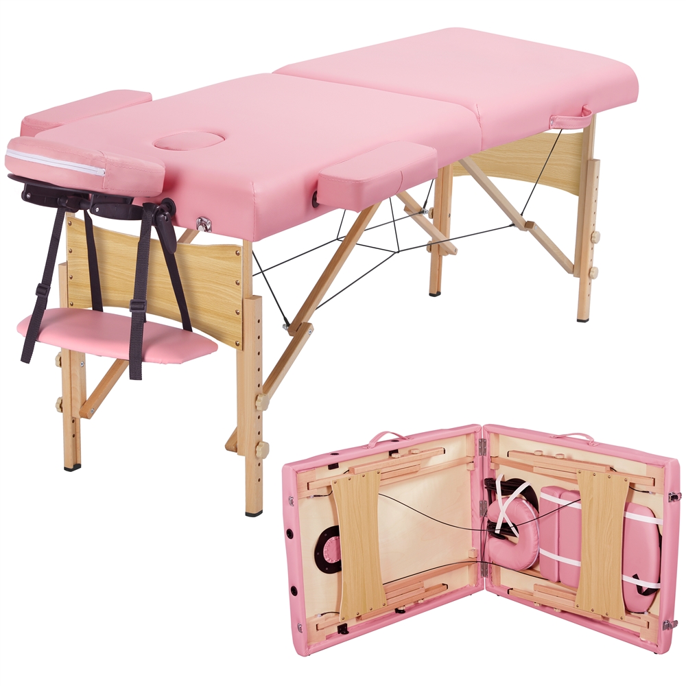 Alden Design 2-Fold Portable Wooden Massage Table for Spa Treatments & Tattoos, 84", Pink