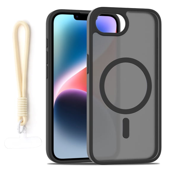 Dteck Matte Case with Wrist Strap for iPhone 17e / iPhone 16e,Shockproof TPU PC Case Compatible with Mag Safe Frosted Translucent Back Cover for iPhone 17e/16e,Black