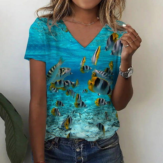 Hauts d'Été Grande Taille pour Femmes, Mode Décontractée, T-shirt Imprimé à Manches Courtes, Blouse à Col en V, Hauts Décontractés, T-shirt à Col en V pour Femmes en Liquidation