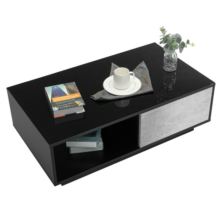 Hommpa High Gloss Gray Coffee Table with 2 Drawers LED Sofa Side End Tea  Table Modern Living Room Furniture with Storage Space 