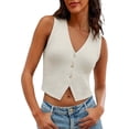 thumbnail image 5 of Women's Solid Color V Neck Three Button Knit Sweater Vest, Cropped Sleeveless Casual Top, Lightweight for Summer Going Out Outfits, Soft and Breathable White S, 5 of 10