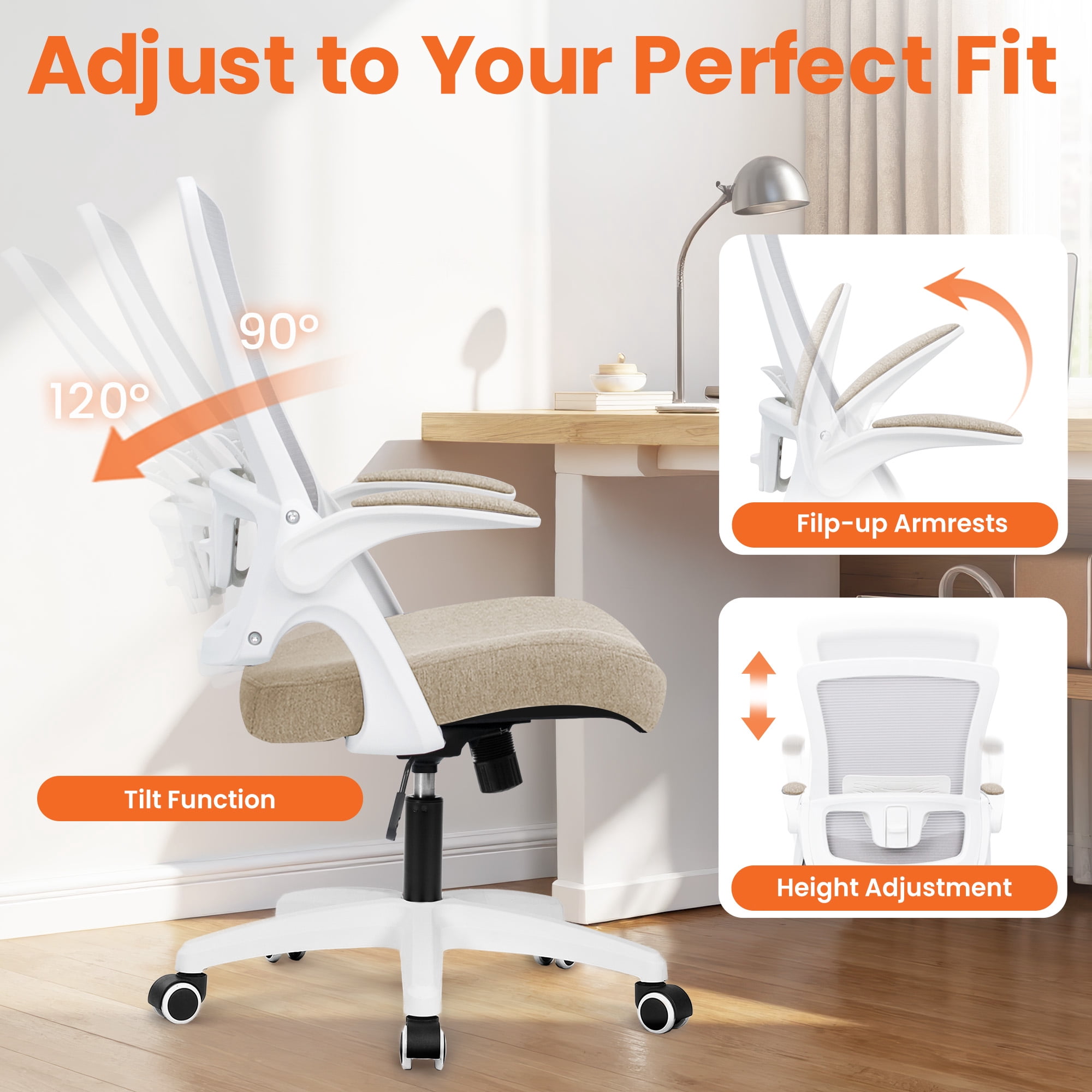 NEO CHAIR Office Desk Gaming Chair Computer High Back Mesh Seat with Rolling Wheels Ergonomic Adjustable Comfy Flip-up Armrests Lumbar Support Height for Home (Beige)