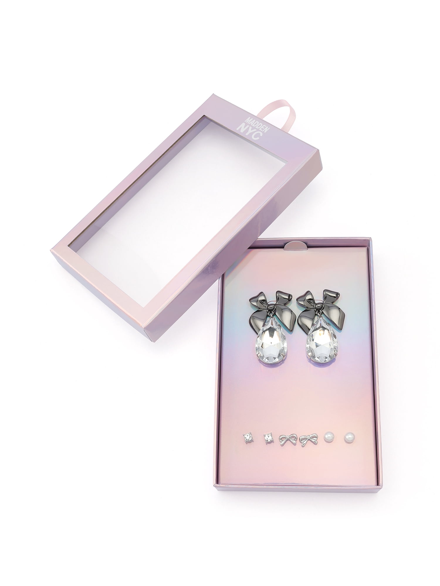 Madden NYC Women's Fashion Rhodium Bow Stone Gem Drop & Stud Earring 4-Piece Giftable Boxed Statement Set