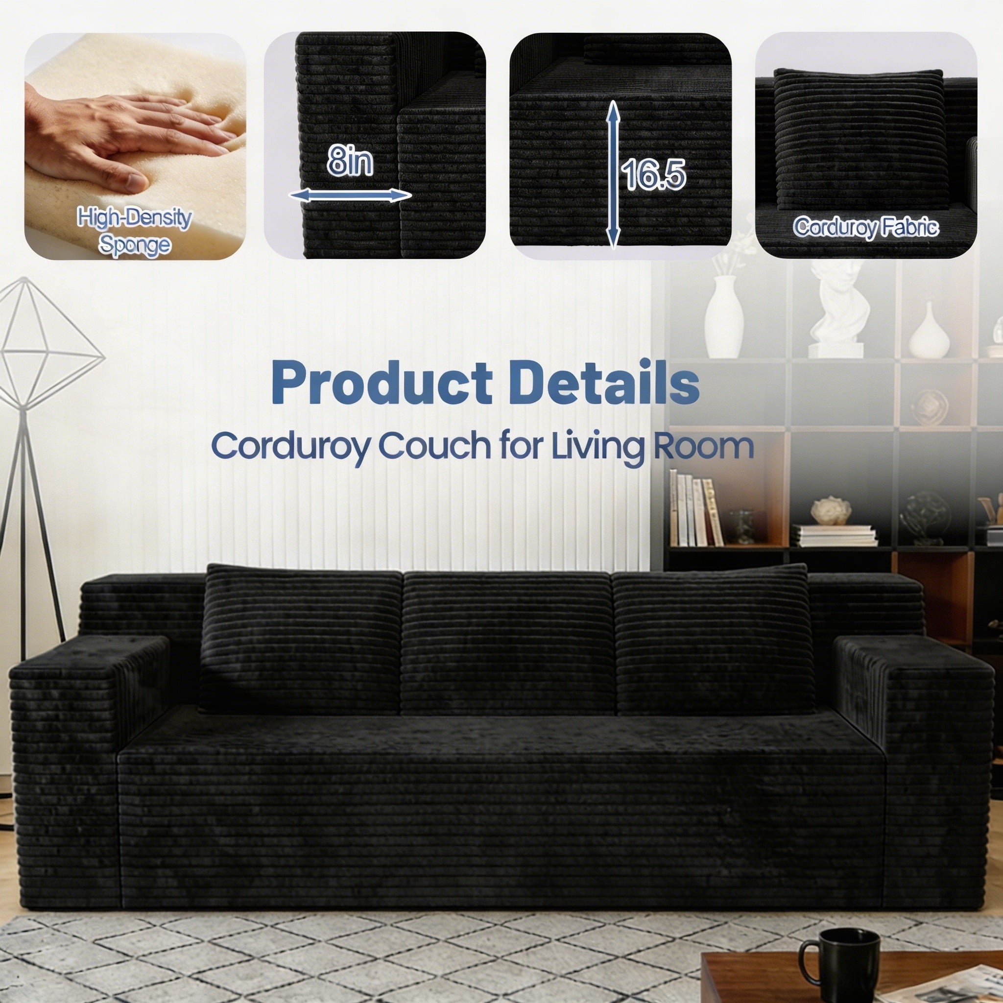 Modern 71" Corduroy Sofa, No Assembly Deep Seat Couch in a Box for Living Room, Black
