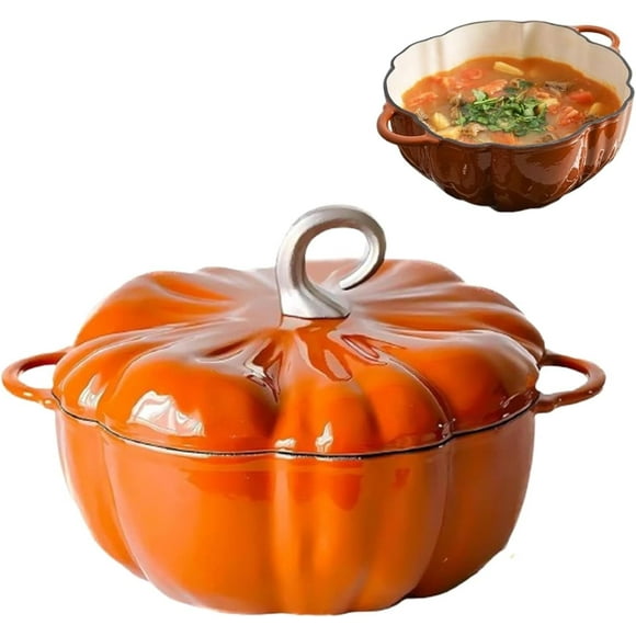4 Qt Pumpkin-Shaped Enameled Cast Iron Dutch Oven with Lid – Halloween & Thanksgiving Decor Gift – Orange Dutch Oven Pot for Soups, Stews, Baking – Oven & Stovetop Safe