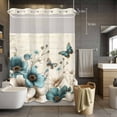 thumbnail image 5 of No Hook Shower Curtains with Snap-in Liner Set, Teal Tulip Butterfly Waterproof Hotel Style Bathroom Shower Curtain, Turquoise Floral Farmhouse Beige Breathable Mesh Top Bath Curtains 60''x72'', 5 of 9