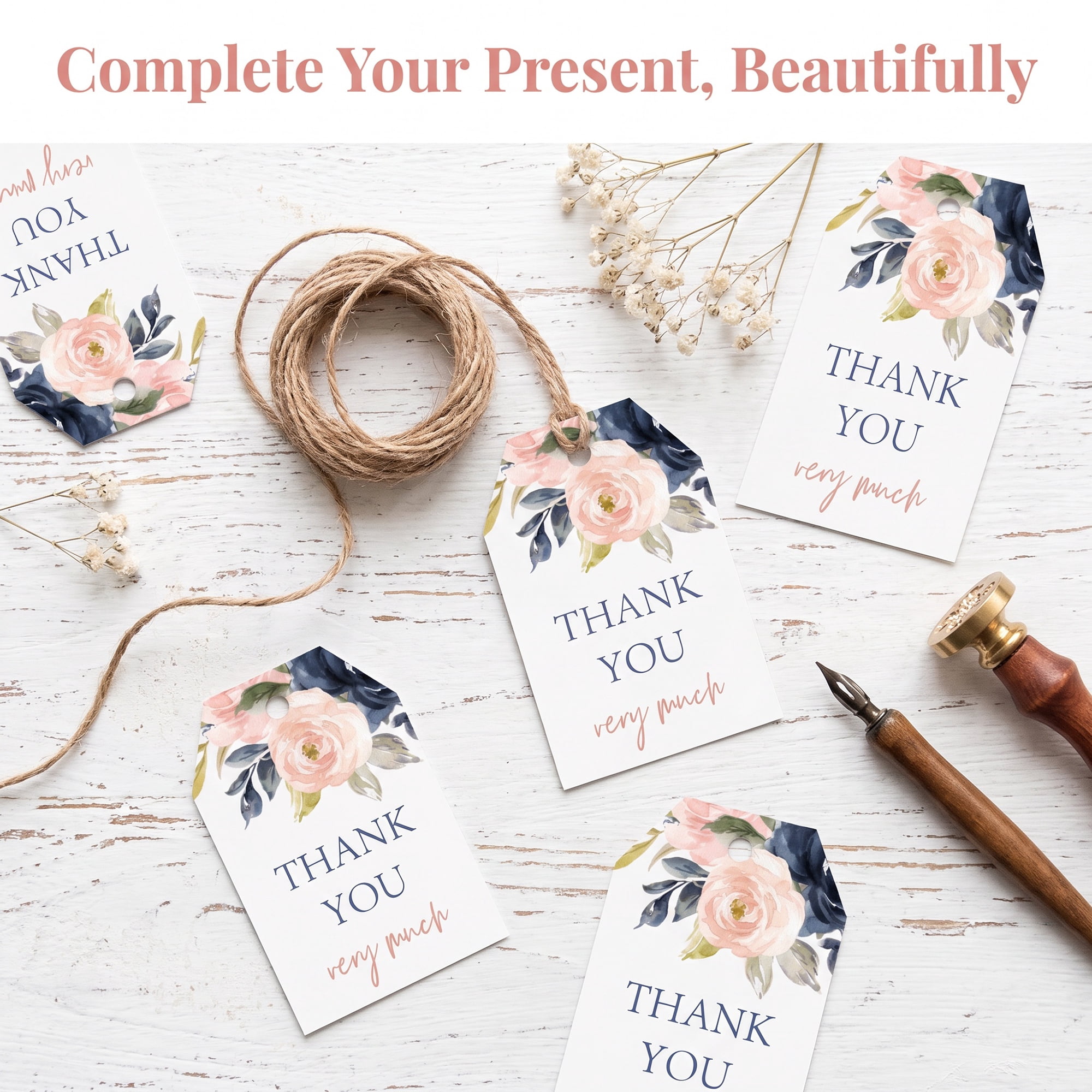 Unique Bargains Thick Thank You Gift Tags with Jute Twine Rose Pattern 2" x 3"