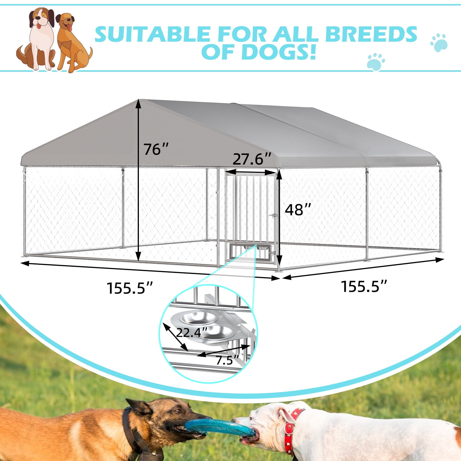 Erinnyees 13FT Outdoor Dog Kennel, Extra Large Dog House Pen Enclosure with Roof, Rotated Dog Bowls, Secure Lock, Wateproof Sunproof Cover