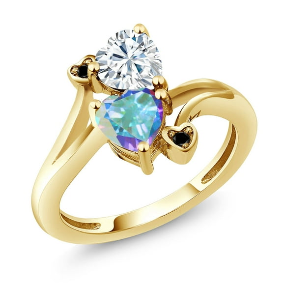 Gem Stone King 18K Yellow Gold Plated Silver White Moissanite Mercury Mist Mystic Topaz and Black Diamond Ring for Women (1.83 Cttw, Heart Shape 6MM, Gemstone Birthstone, Size 6)