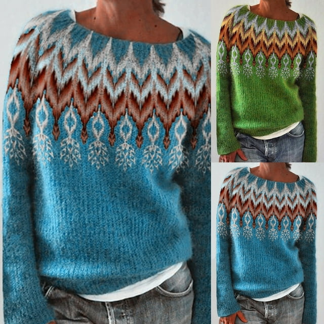 Wiyuqeen Chandails Vintage pour Femmes à Manches Longues, Chandails Graphiques Fair Isle, Col Rond, Chandail Tricoté d'Automne, Chandail Raglan à Blocs de Couleur