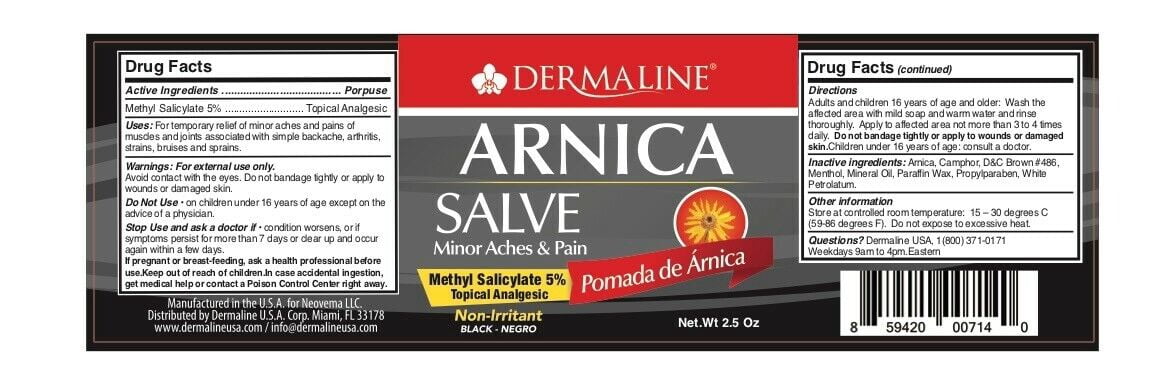 DERMALINE - Arnica Salve Aches and Pain Relief Ointment - Anti Inflammatory - Soreness and Bruises - Black, 2.5 oz