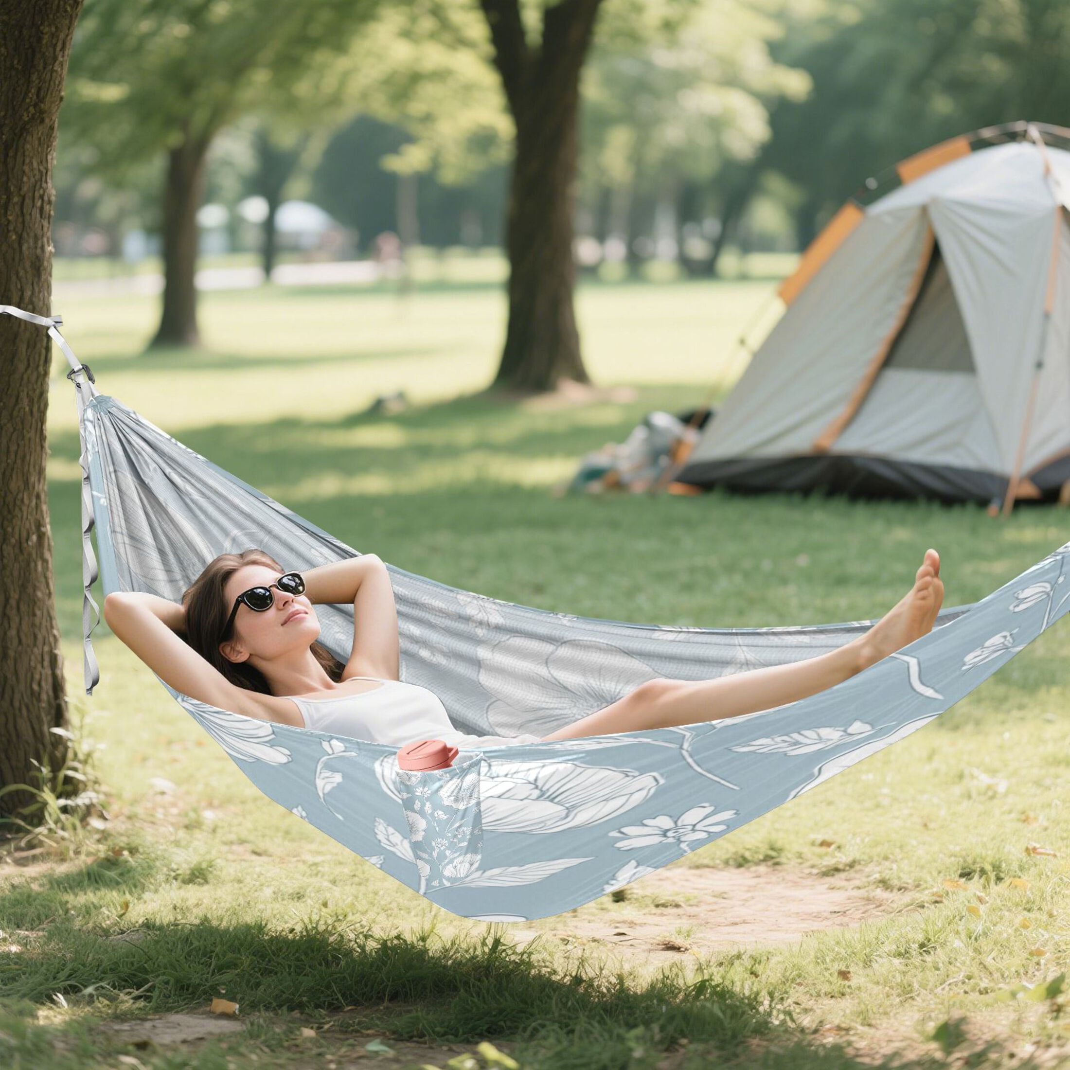 Hammock Camping Hammock Nylon Portable Hammock Travel Camping Hammock Blue Cartoon White Flowers