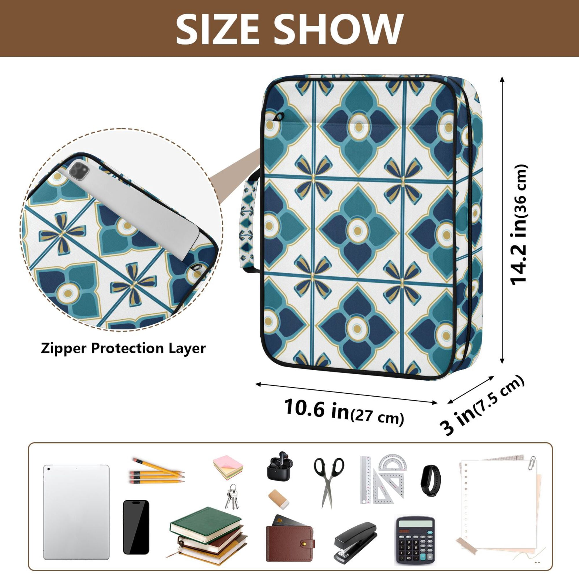 FORMRS Accordion File Folder A4 Size 7-Pocket Expanding Document Organizer Bag with 3 Ring Binder, Blue Mosaic Pattern