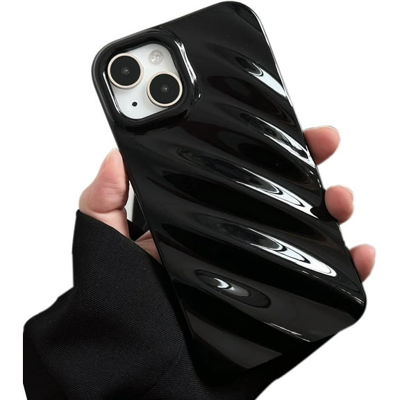 Cute Curly Wave Case for iPhone 13/iPhone 14 6.1 inches, Water Ripple Pattern Phone Case Slim Shockproof Satin Glossy Cover for Girls Boys Silicone 3D Non-Slip Case -Black