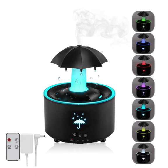 Bedroom humidifier, 7-color rotating umbrella style raindrop effect diffuser, 300ML small humidifier with remote control and timed aromatherapy diffuser