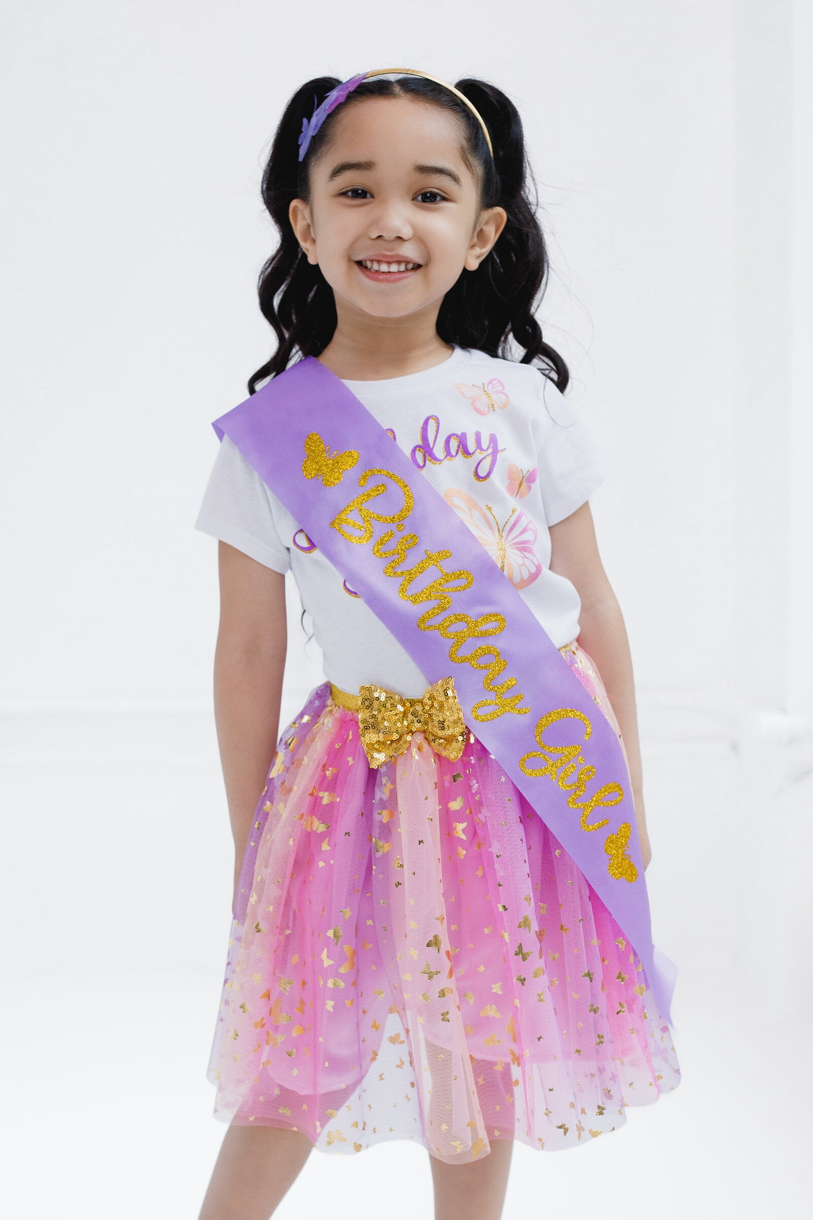 imagikids Butterfly Birthday Girl Outfit - Shirt, Tutu Skirt, Headband, & Satin Sash 4 Piece Clothing Set Toddler to Big Kid Sizes