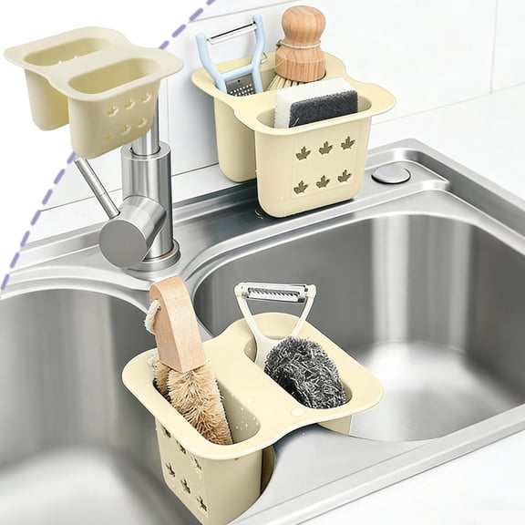 Sink Caddy Sponge Holder - Hanging Kitchen Sink Organizer for Sponges, Brushes & Dish Soap, with Drain Holes for Bathroom & Kitchen