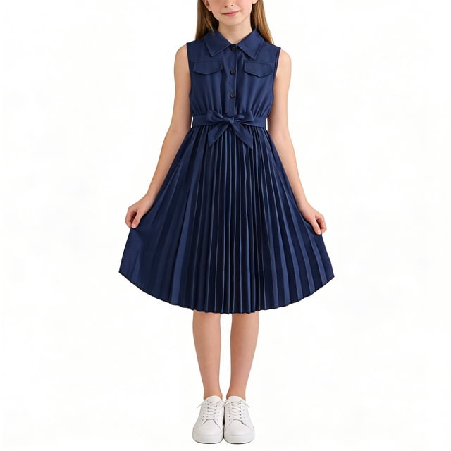 Vestido de niña de color liso sin mangas con solapa y cinturón, talla mediana a grande, informal y cómodo, de poliéster.