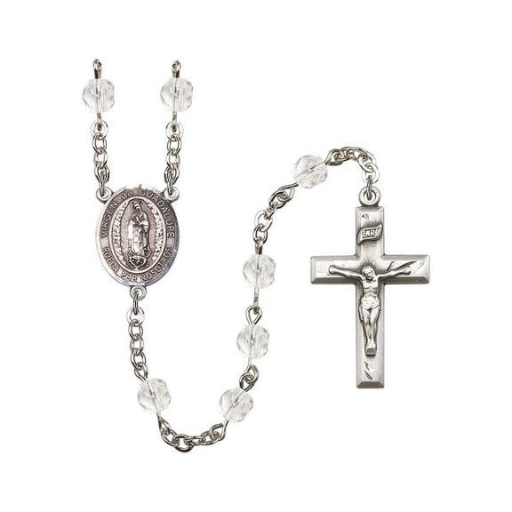 Virgen de Guadalupe Silver-Plated Rosary 6mm April Crystal Fire Polished Beads Crucifix Size 1 3/8 x 3/4 medal charm
