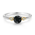 thumbnail image 2 of Gem Stone King 925 Sterling Silver and 10K Yellow Gold Black Sapphire and White Lab Grown Diamond 3 Stone Engagement Ring for Women (0.72 Cttw, Round Gemstone September Birthstone, Size 8), 2 of 4