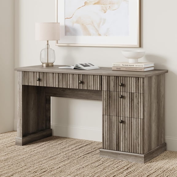 Modern Fluted Executive Office Desk 54'' – Built-in Charging Station, File Drawers, Generous Storage – Wooden Computer Desk for Home Office, Study, Bedroom – Vintage Gray