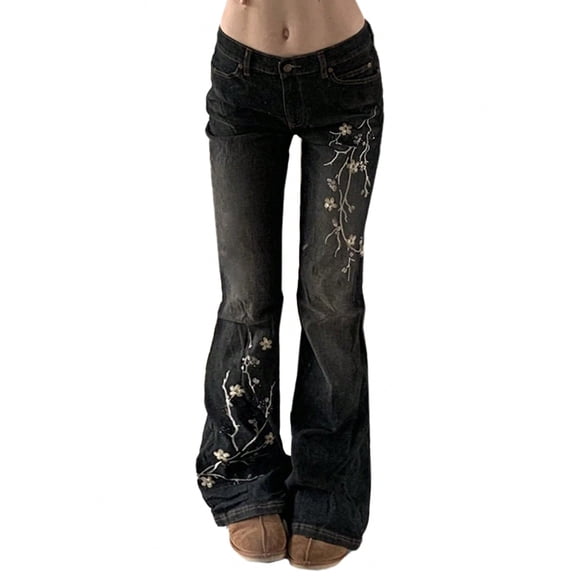EMMIOL Women's Mid-Rise Stretchy Flare Bell Bottom Jeans Vintage 90s Y2K Floral Embroidery Denim Pants