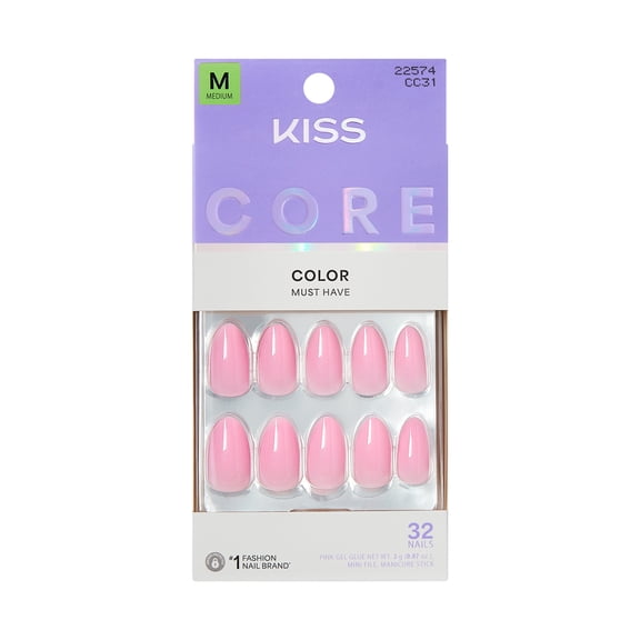 KISS CORE Color Press On Nails Almond, ‘Lilt’, Pink, Medium Length, 32 Count