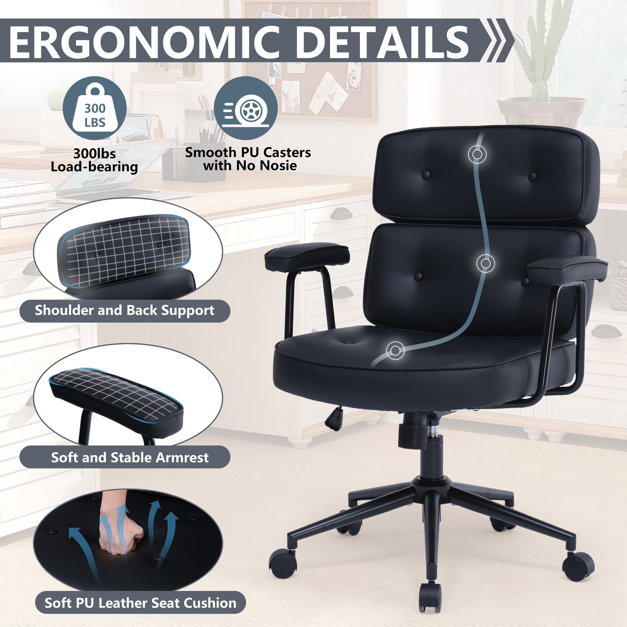 ENYLAY PU Leather Executive Office Chair, Extra Wide Ergonomic Computer Chair with Lumbar Support, Swivel Rocking, Adjustable Height & Thickened Cushions, Mid Back (Black)