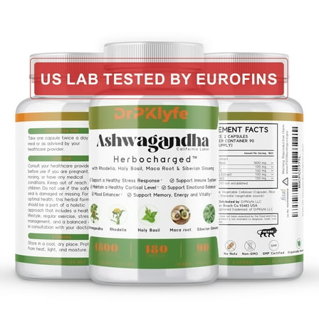 DrPKLyfe Adaptogen Supplement - Ashwagandha Complex Blend 5-in-1 with Rhodiola Rosea, Maca, Ginseng, Holy Basil - Focus, Energy and Vitality for Men & Women - 3 Month Supply (180 Capsules)