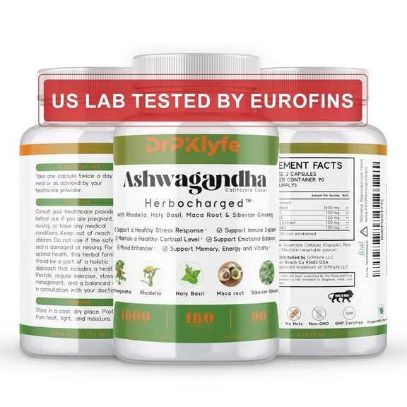 DrPKLyfe Adaptogen Supplement - Ashwagandha Complex Blend 5-in-1 with Rhodiola Rosea, Maca, Ginseng, Holy Basil - Focus, Energy and Vitality for Men & Women - 3 Month Supply (180 Capsules)