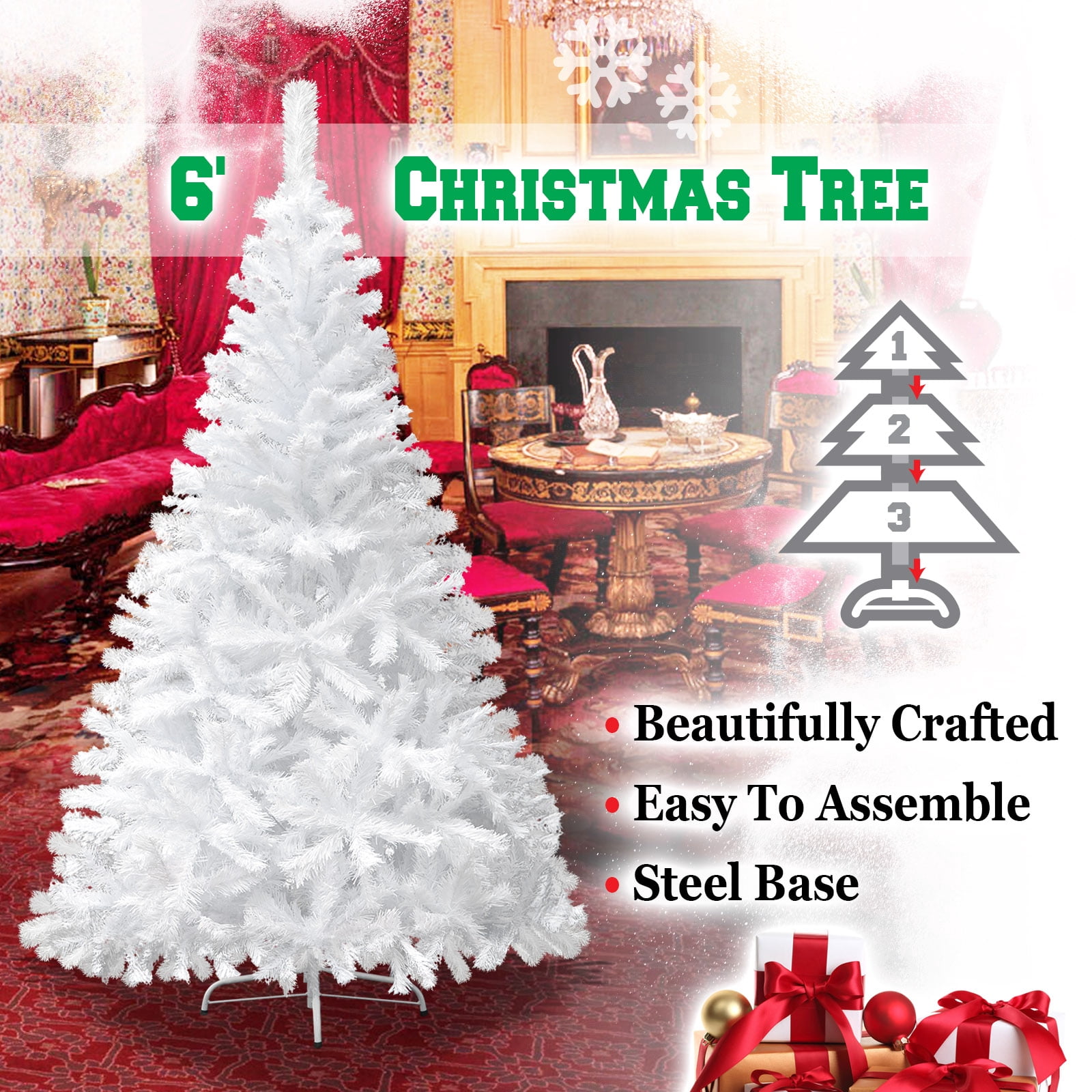 Sunrise 4 Sizes Artificial Christmas Tree w/Metal Stand,Easy Assembly, White (6 Ft)