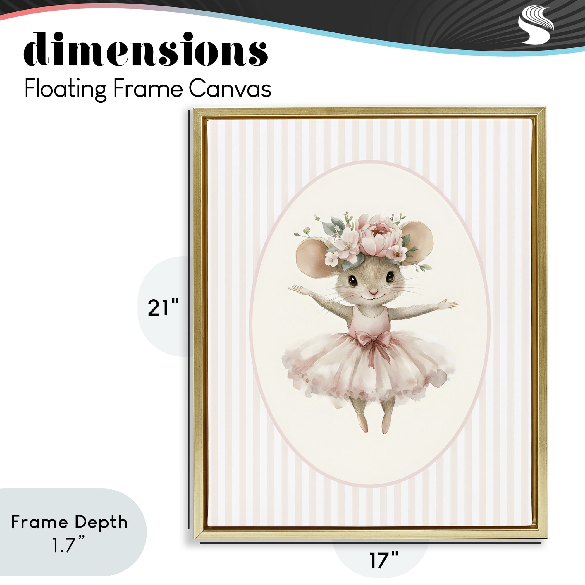 Stupell Industries Nursery Ballerina Mouse Striped Gold Framed Floater Canvas Wall Art, design by LSR Design Studio